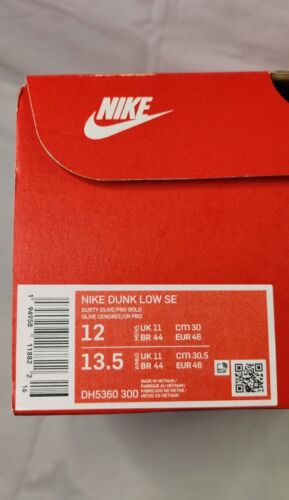Nike Dunk Low SE | MENS SIZE 12 | Dusty Olive Pro Gold + Extra SB white Laces