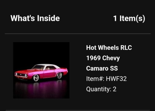 RLC Hot Wheels Collectors 1969 Chevy Camaro Pink SS Opening Hood RLC Exclusive!