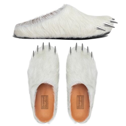 Bravest Studios White Bear Claw Mules | Mens Sz 13 | Silver Claws Brown Fur Box