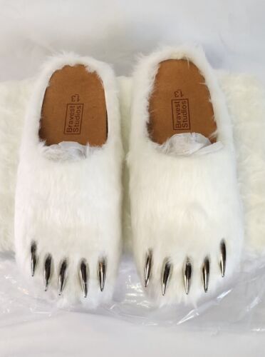 Bravest Studios White Bear Claw Mules | Mens Sz 13 | Silver Claws Brown Fur Box