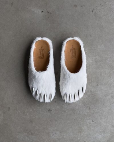 Bravest Studios White Bear Claw Mules | Mens Sz 13 | Silver Claws Brown Fur Box