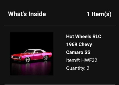 RLC Hot Wheels Collectors 1969 Chevy Camaro Pink SS Opening Hood RLC Exclusive!