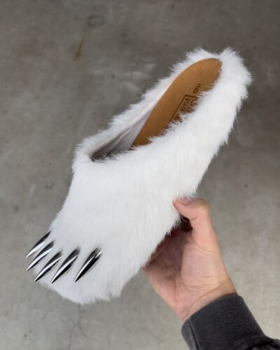 Bravest Studios White Bear Claw Mules | Mens Sz 13 | Silver Claws Brown Fur Box