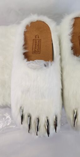 Bravest Studios White Bear Claw Mules | Mens Sz 13 | Silver Claws Brown Fur Box