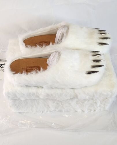 Bravest Studios White Bear Claw Mules | Mens Sz 13 | Silver Claws Brown Fur Box